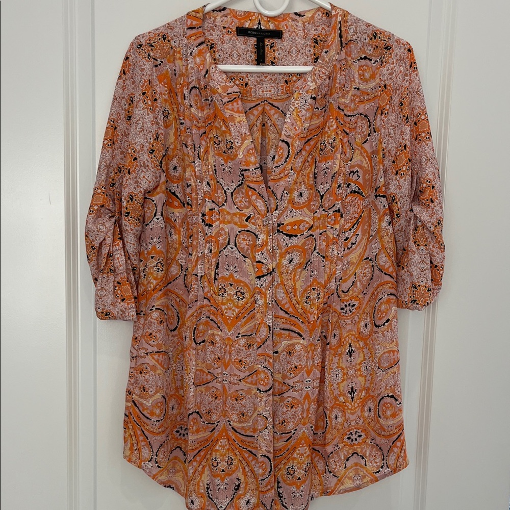 BCBGMaxAzria Pink and Orange Paisley V-Neck Tunic